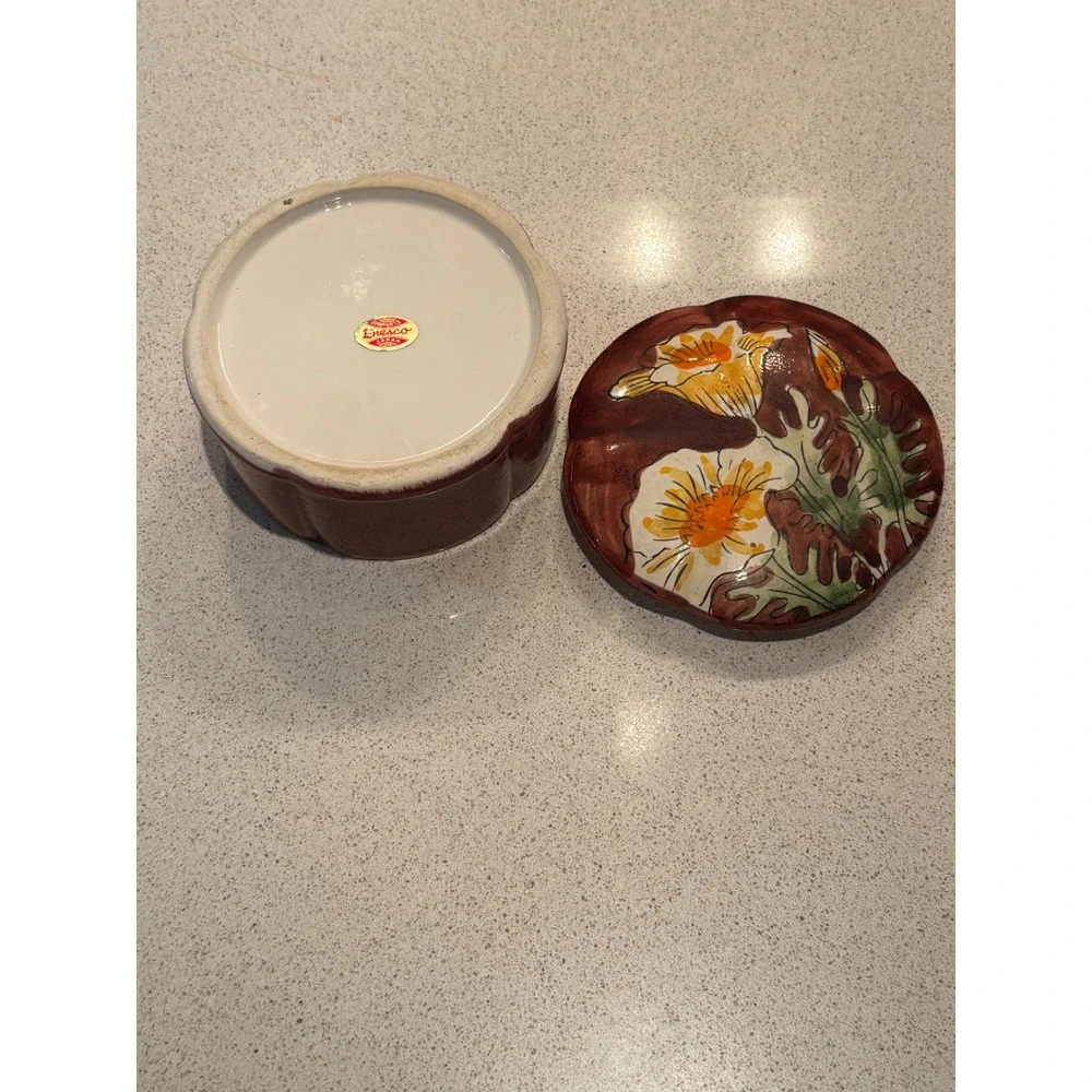 Vintage Enesco Japan Ceramic Trinket Box Hand Painted Floral Scalloped Jar Fall